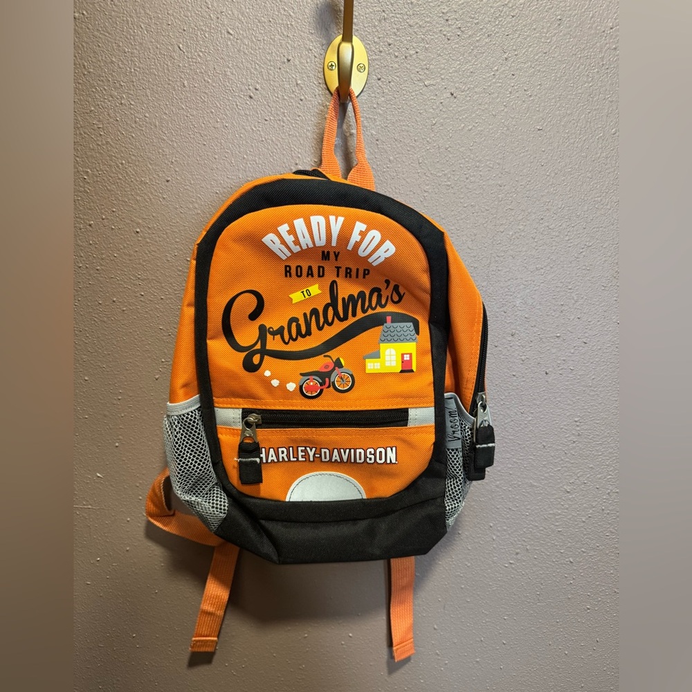 Ready for a Roadtrip to Grandmas Harley-Davidson Orange and Black Kids Backpack